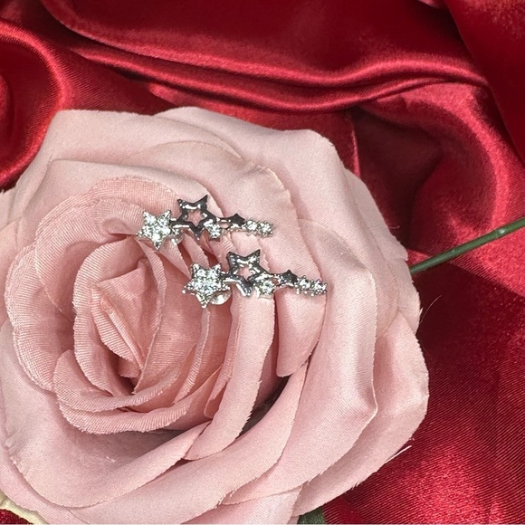Silver Star Rhinestone Ear Climber Earrings | Celestial Sparkle Cuff Style - Picture 5 of 10